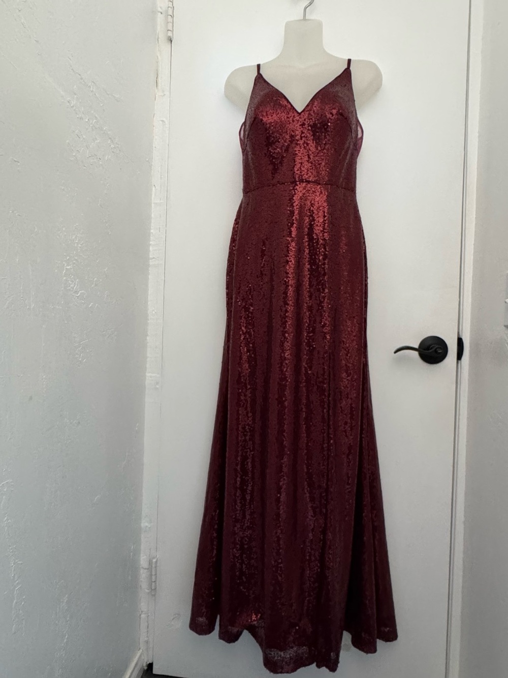 Azazie Burgundy Sequin V-Neck Spaghetti Strap Maxi Dress prom holiday wedding